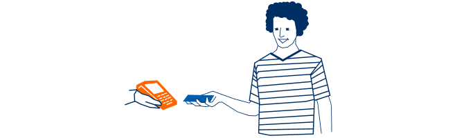 Illustration eines glücklichen MeinPlus Kunden der per Karte zahlt